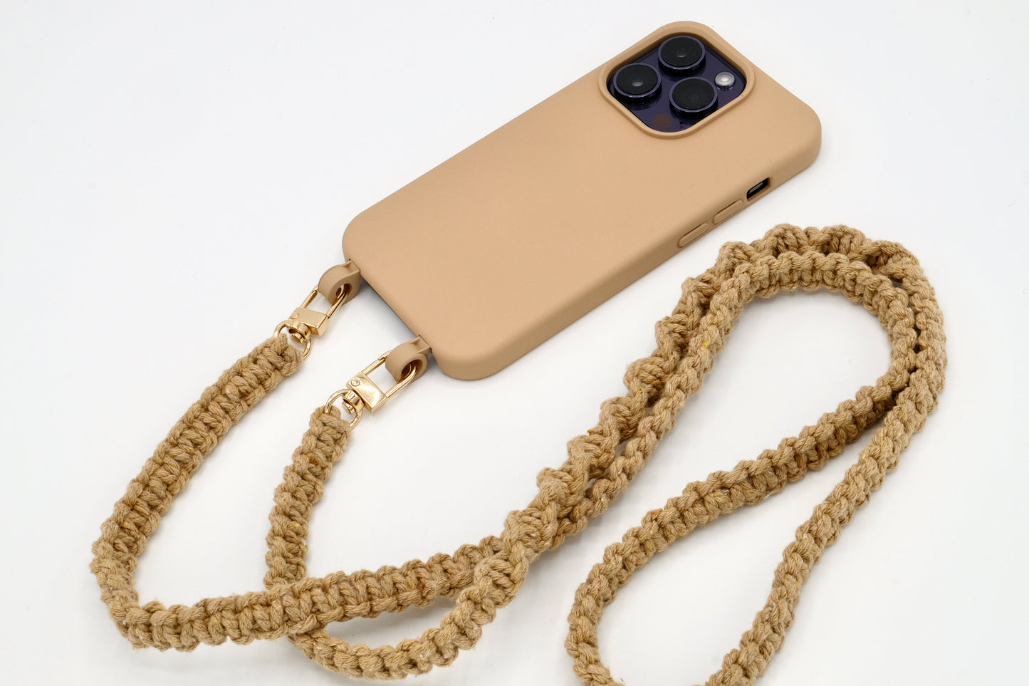 Handykette - Makramee Band mit Karabinern Beige