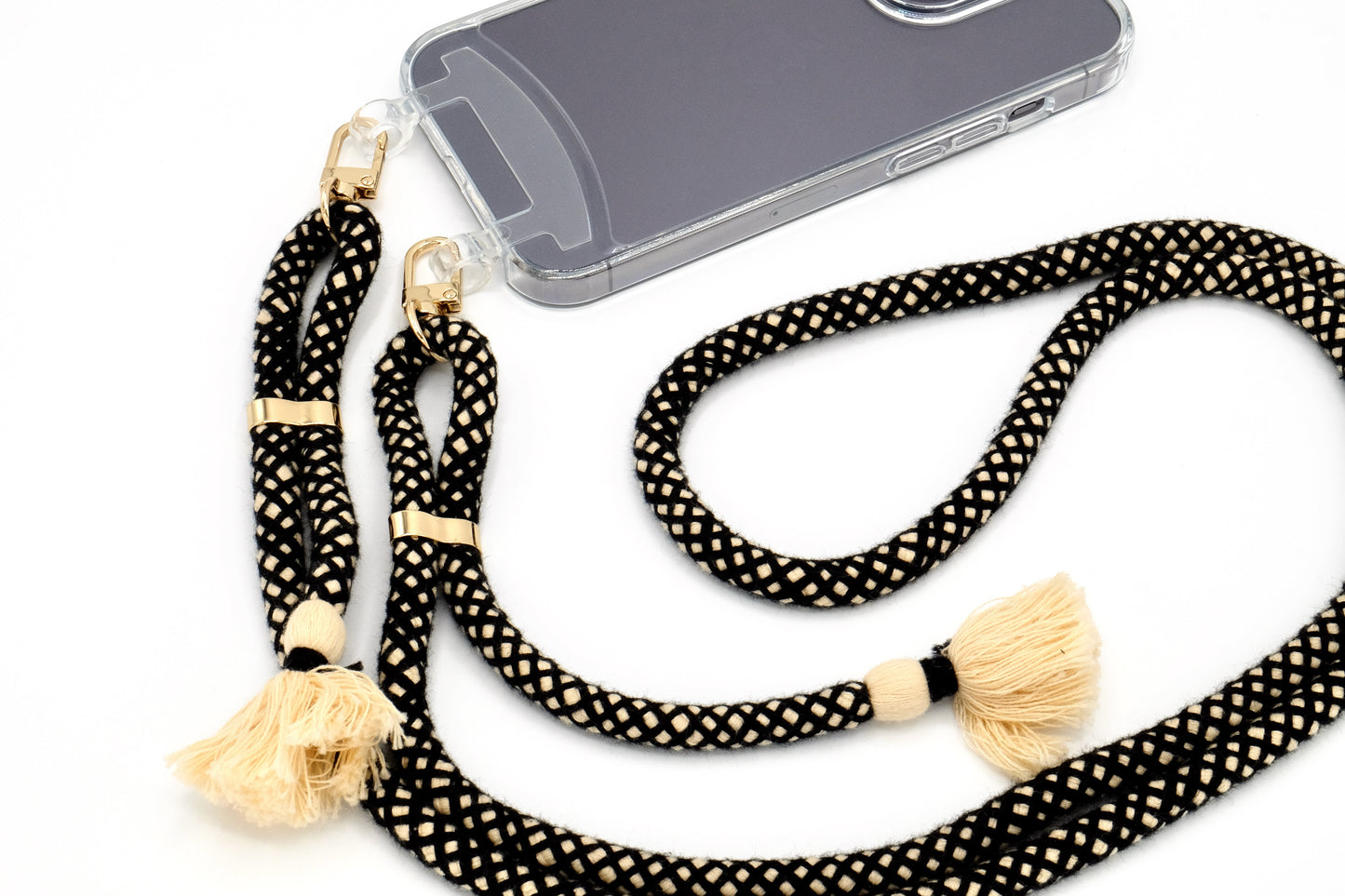 iPhone 2in1 Transparent - modulare Handykette mit Baumwollkordel All Black