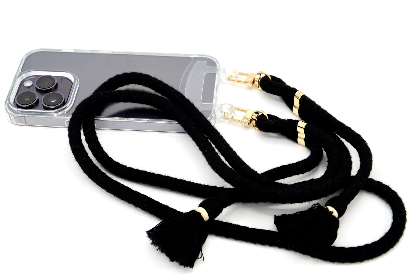 iPhone 2in1 Transparent - modulare Handykette mit Baumwollkordel Black Mix