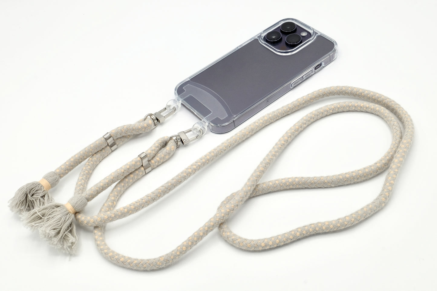 iPhone 2in1 Transparent - modulare Handykette mit Baumwollkordel Creme