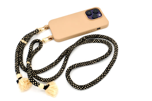iPhone 2in1 Macadamia - modulare Handykette mit Baumwollkordel Black Mix