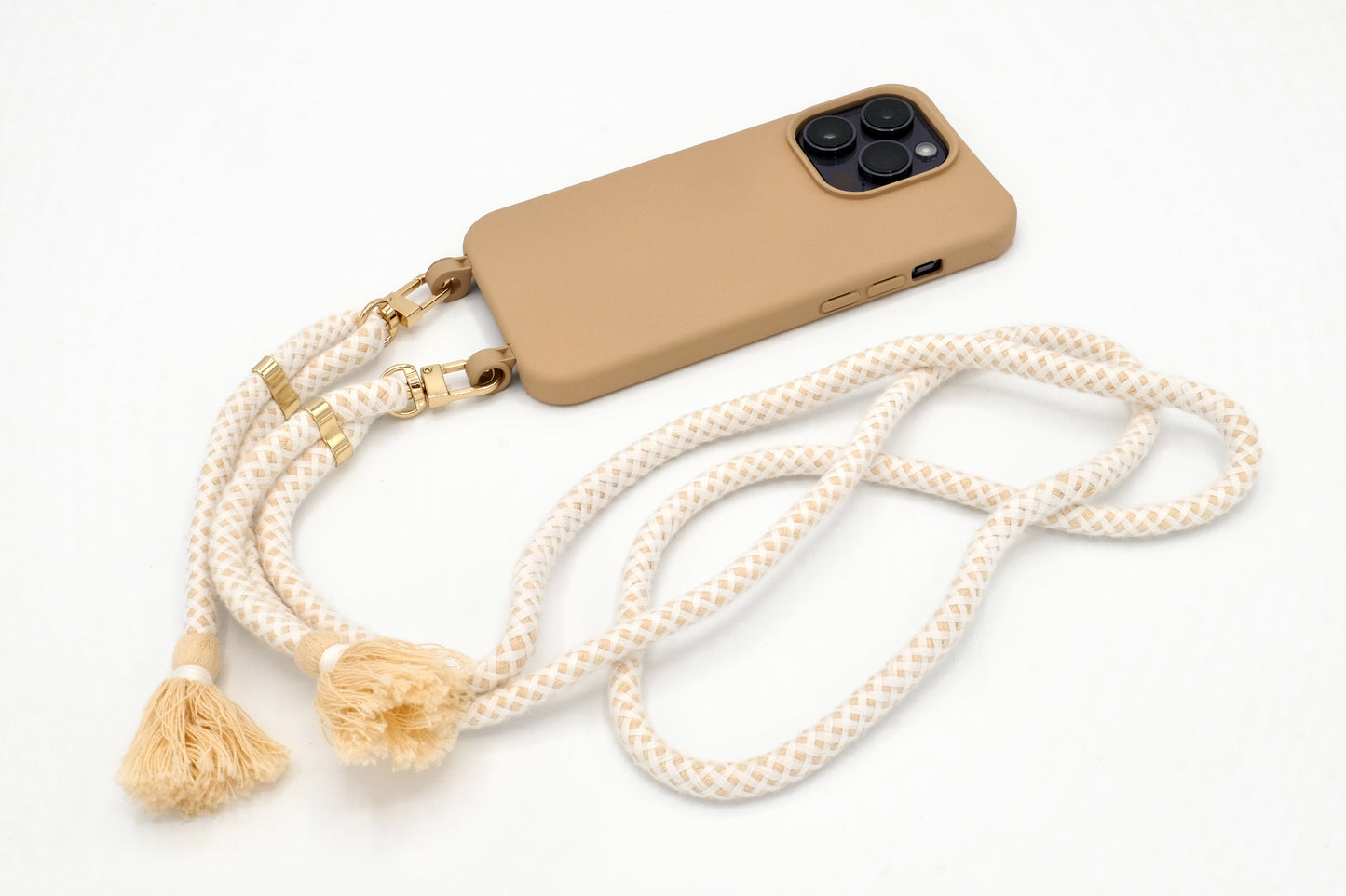 iPhone 2in1 Macadamia - modulare Handykette mit Baumwollkordel Cappuccino
