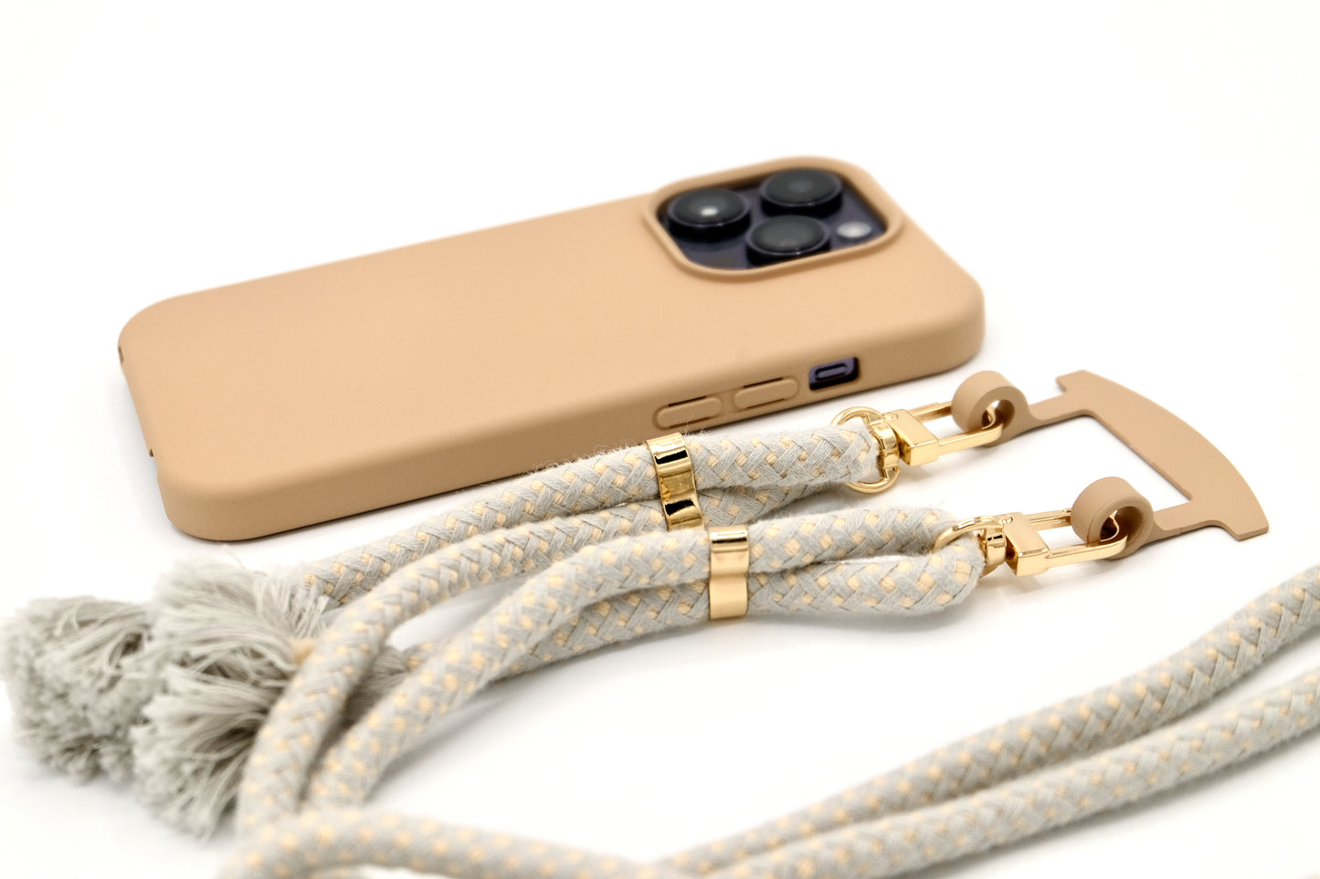 iPhone 2in1 Macadamia - modulare Handykette mit Baumwollkordel Cappuccino