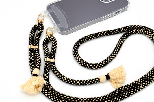 iPhone 2in1 Transparent - modulare Handykette mit Baumwollkordel Black Mix