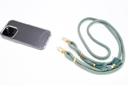iPhone 2in1 Transparent - modulare Handykette mit Baumwollkordel Blaugrau