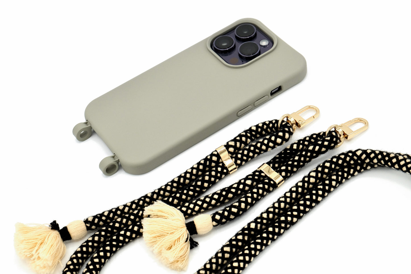 iPhone 2in1 Grau - modulare Handykette mit Baumwollkordel Black Mix