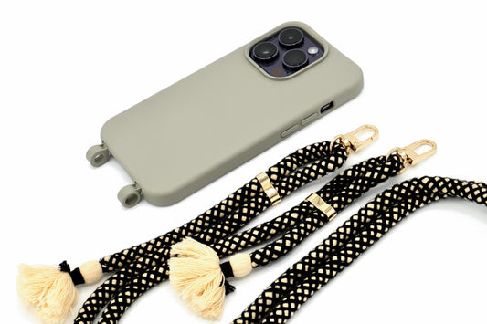 iPhone 2in1 Grau - modulare Handykette mit Baumwollkordel Black Mix