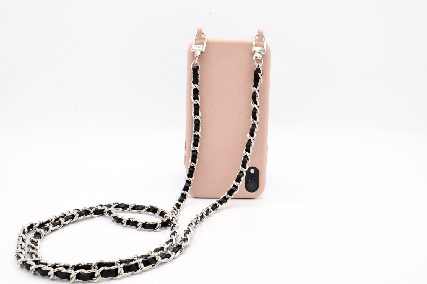 Handykette - Metall/veganes Leder mit Karabiner - Schwarz/Silber