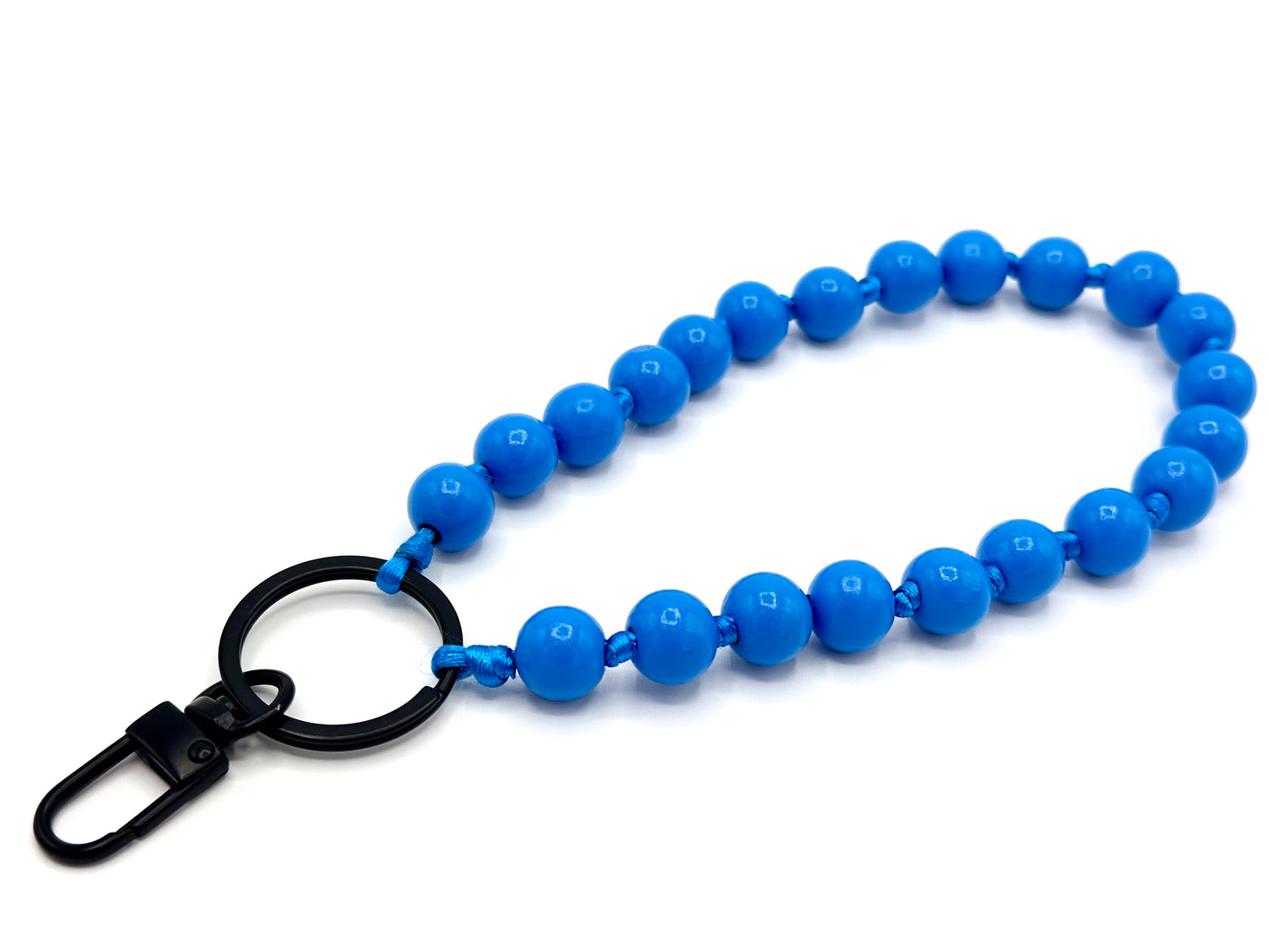 Schlüsselanhänger aus Holzperlen mit Karabiner Blau/Blau