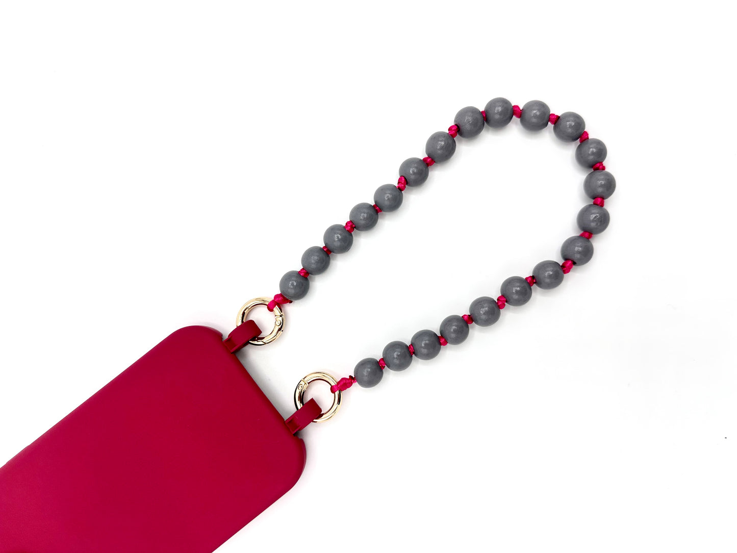 Handykette - Holzperlen kurz mit Karabinern Anthrazit/Pink