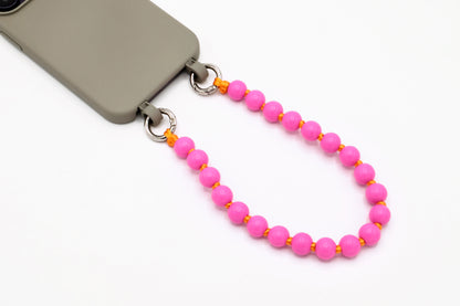 Handykette - Holzperlen kurz mit Karabinern Neonpink/Orange