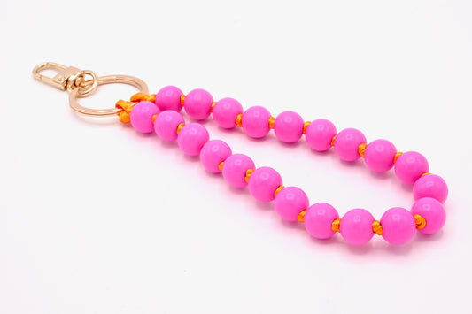 Schlüsselanhänger aus Holzperlen mit Karabiner Neonpink/Orange