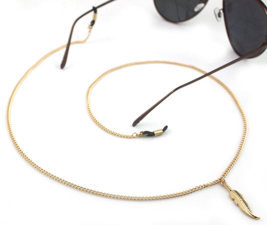 Zierliche goldene Brillenkette mit Feder Anhaenger