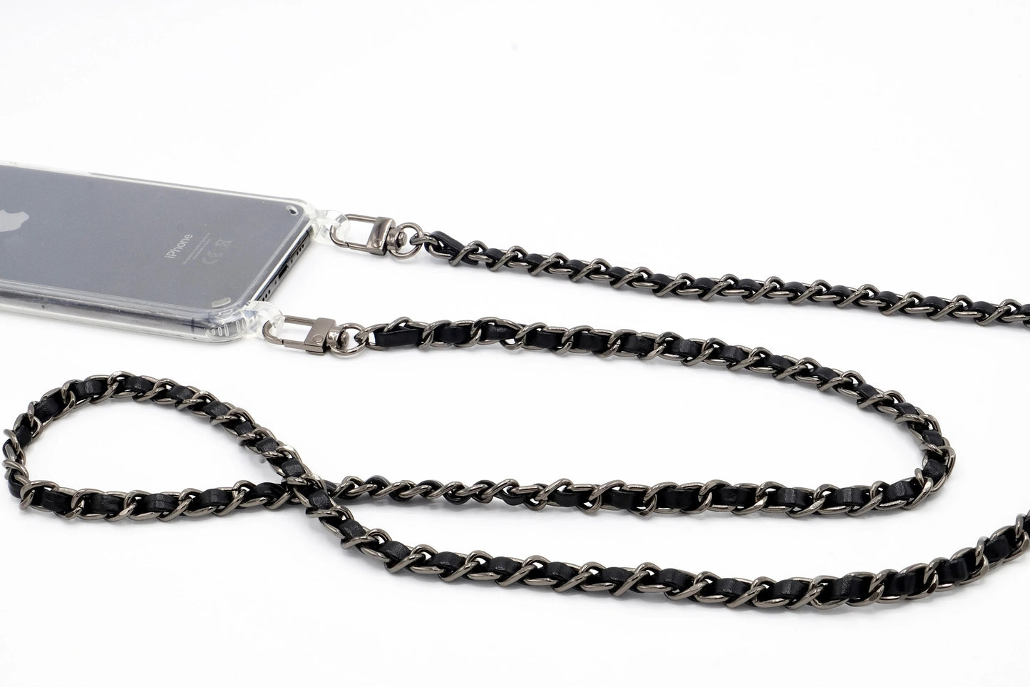 Handykette - Metall/veganes Leder mit Karabiner - Schwarz/Gunmetal
