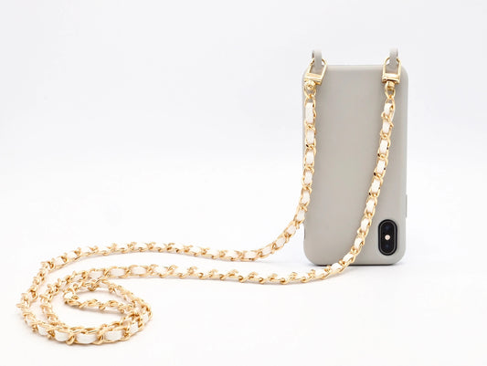 Handykette - Metall/veganes Leder mit Karabiner - Weiss/Gold